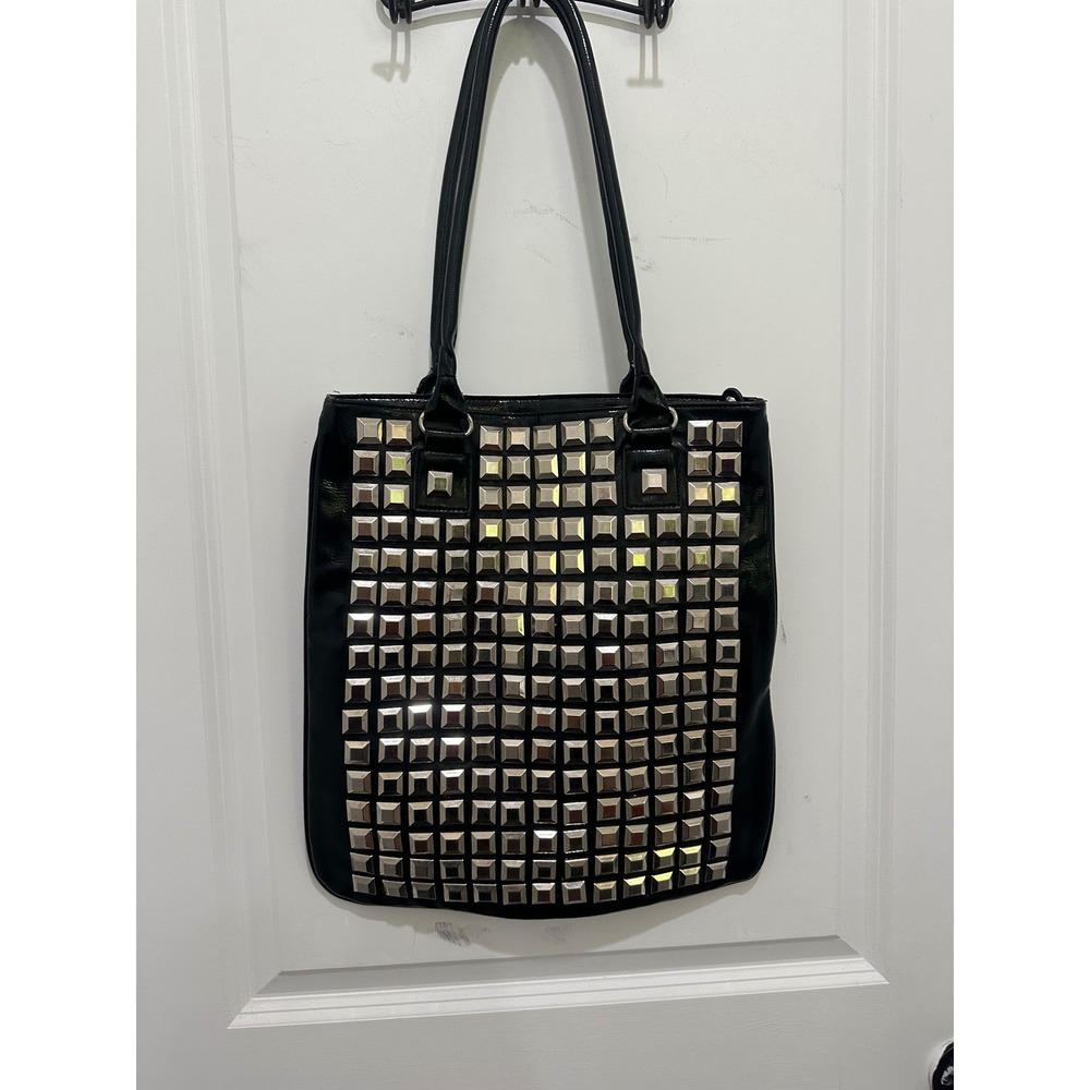 Black Patent Studded Tote Bag Silver Square Stud Punk Goth Shoulder Bag Large - Picture 2 of 6